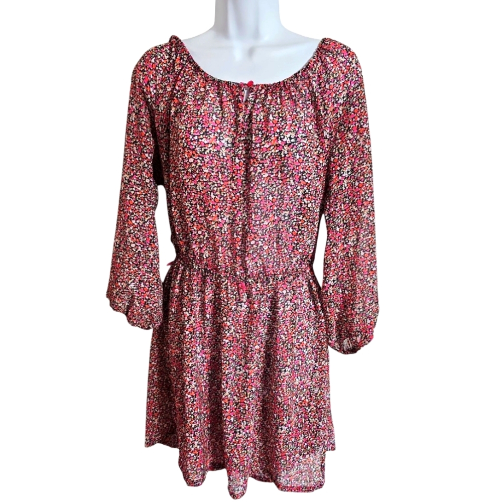 Olsenboye Womens L Chiffon Ditsy Floral Peasant Mini Dress Statement Cottagecore - Picture 2 of 8